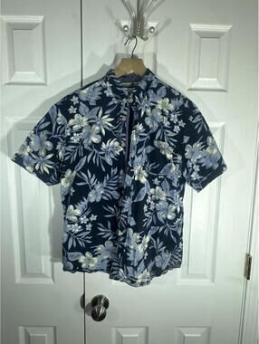 MBX Denim Beach Hawaiian Floral Short Sleeve Button-Up Shirt Large Navy Blue